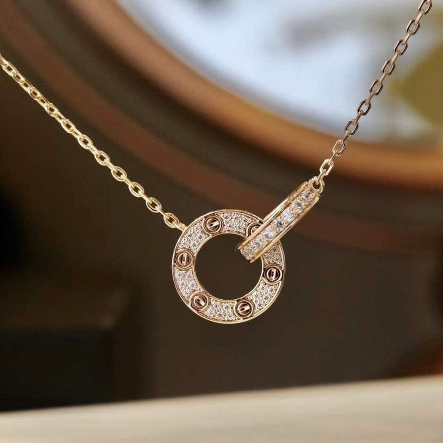 [⭐Reverie Jewels]LOVE 7.6MM NECKLACE ROSE GOLD AND SILVER  FULL DIAMOND