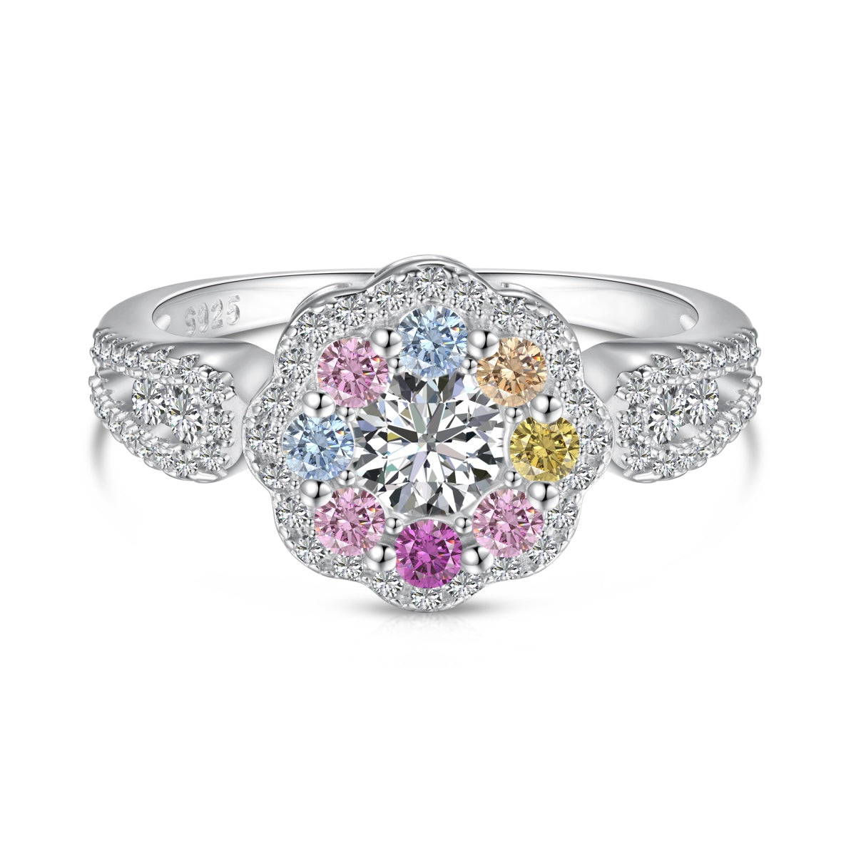 [Reverie Jewels]Delicate Colorful Round Cut Flower Shape Wedding Ring