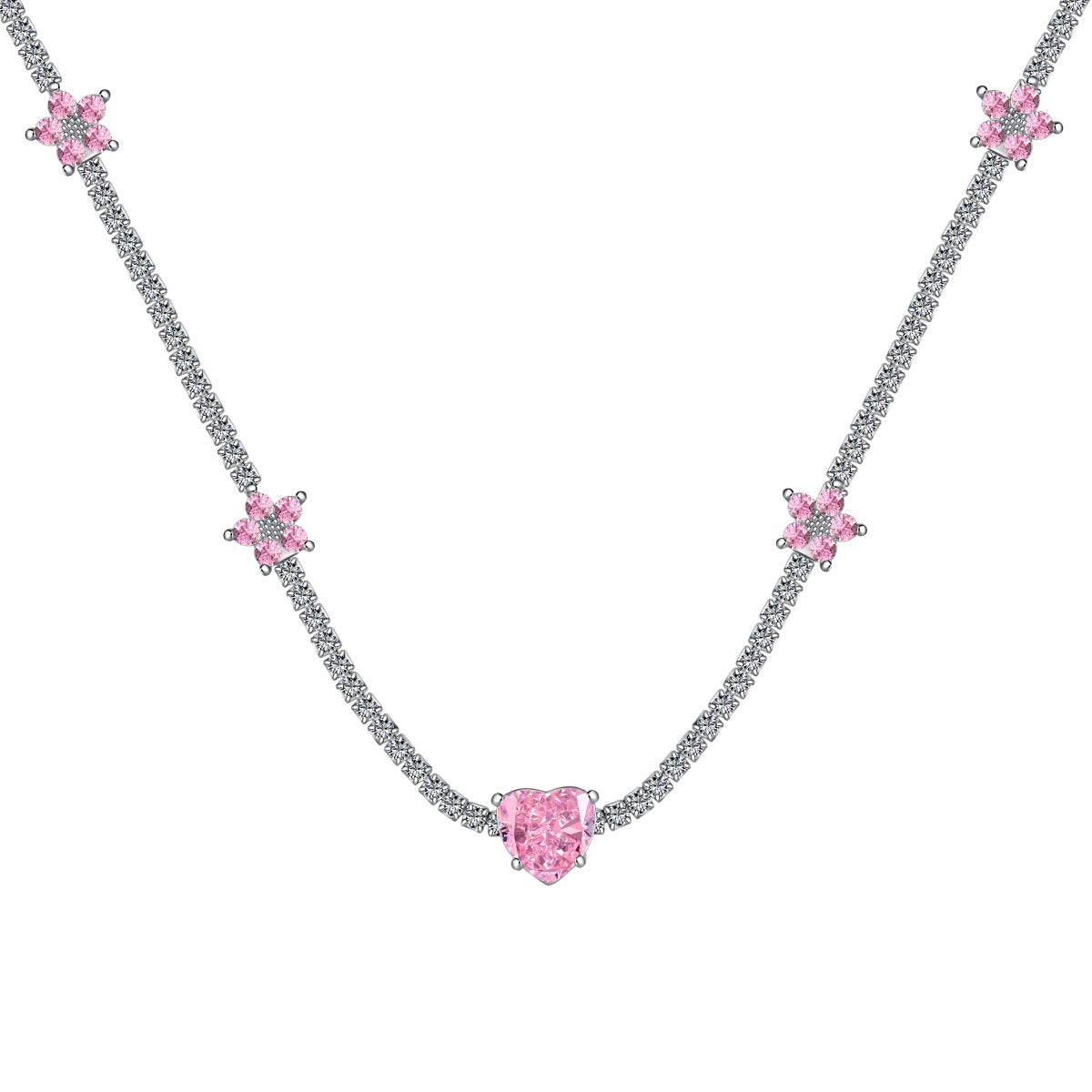 [Reverie Jewels]Dazzling Pink Heart Flower Necklace