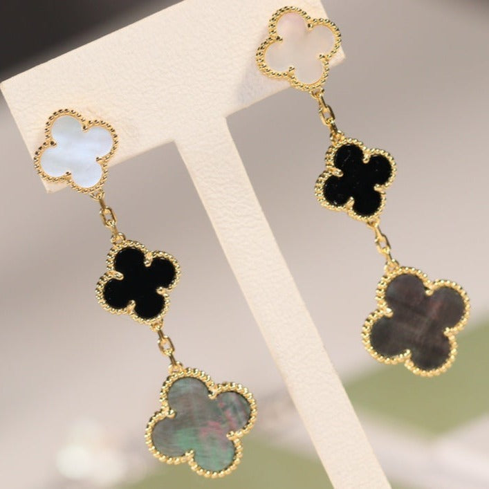 [⭐Reverie Jewels]CLOVER EARRINGS GOLD ONYX MOP 3 MOTIF