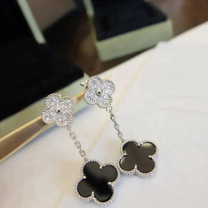 [⭐Reverie Jewels]CLOVER 2 MOTIFS  DIAMOND ONYX EARRINGS SILVER