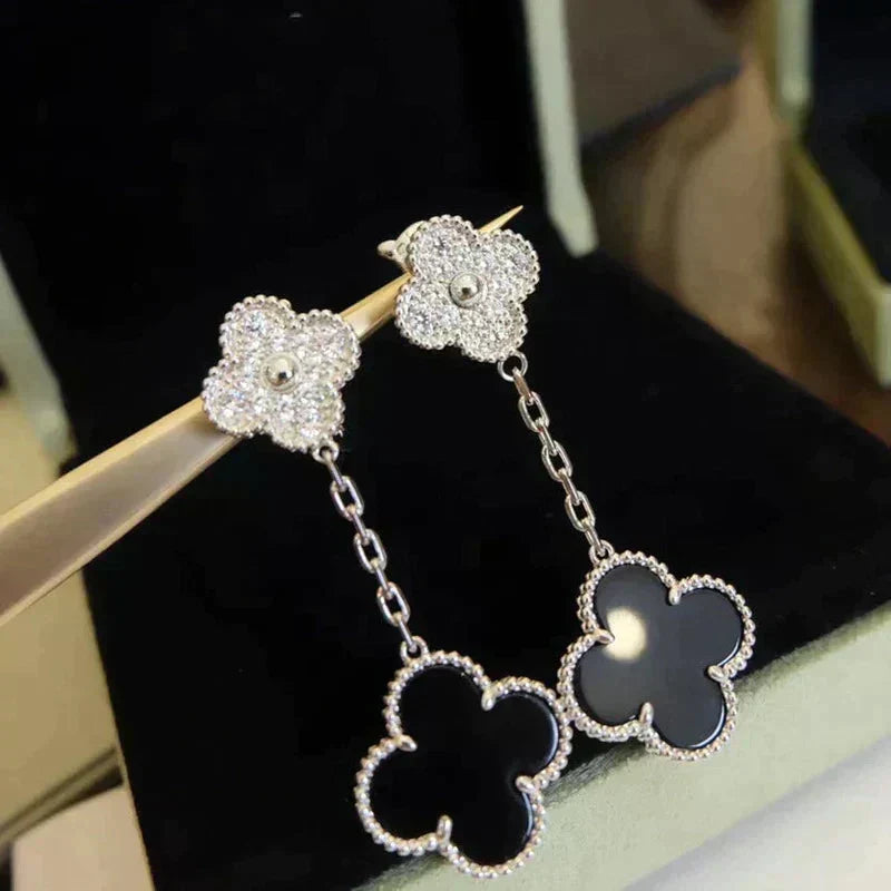 [⭐Reverie Jewels]CLOVER 2 MOTIFS  DIAMOND ONYX EARRINGS SILVER