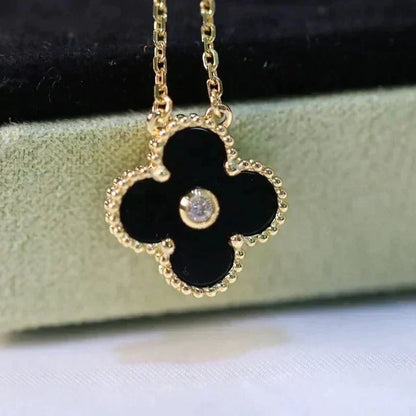 [⭐Reverie Jewels]CLOVER 15MM DIAMOND ONYX NECKLACE
