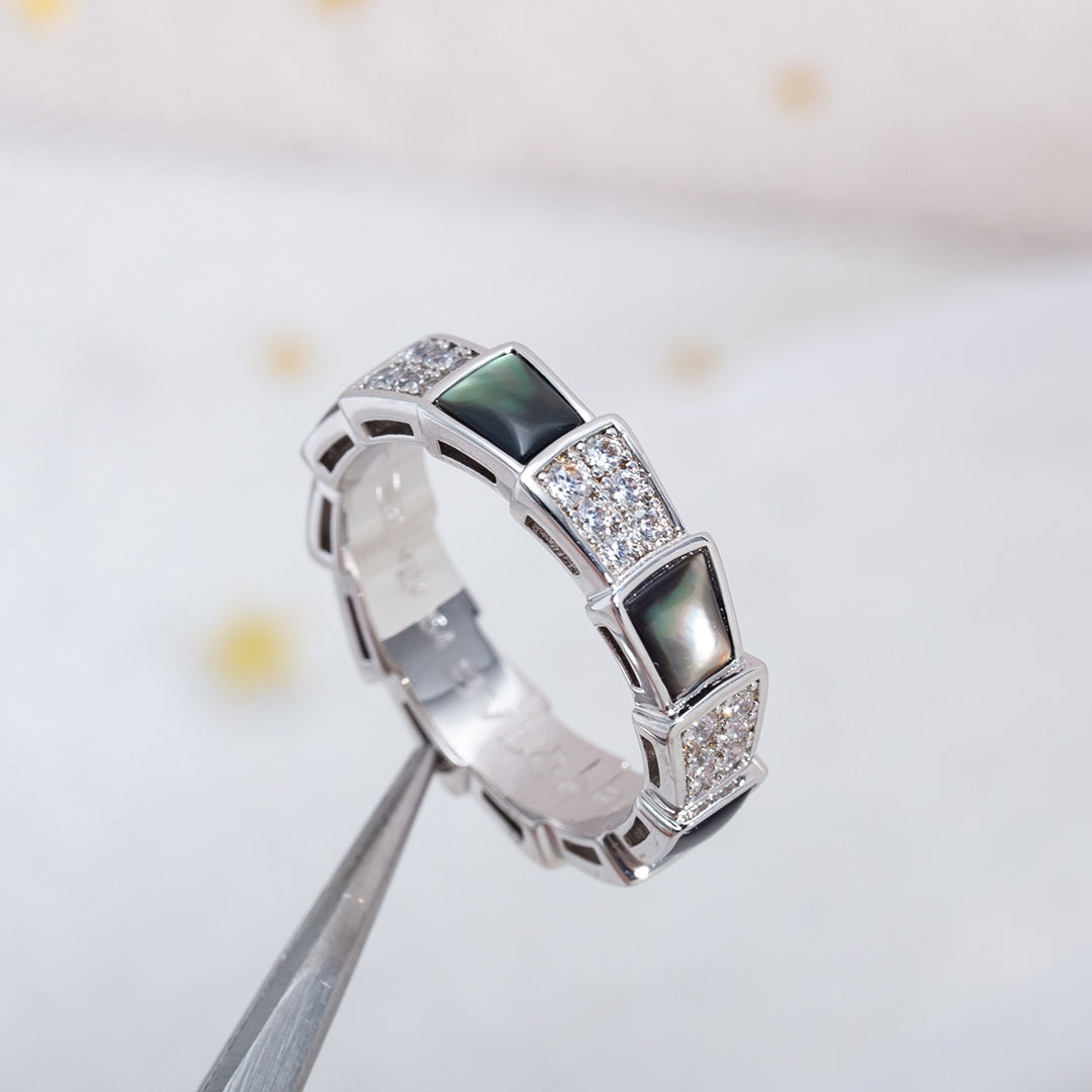 [⭐Reverie Jewels]SERPENTI RING SILVER DIAMOND BLACK MOP 4MM