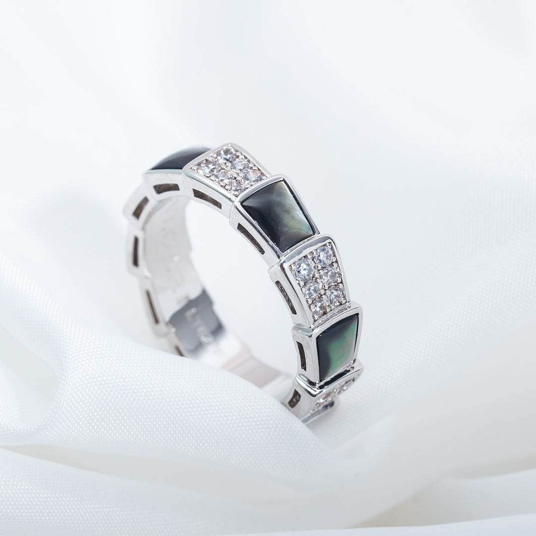 [⭐Reverie Jewels]SERPENTI RING SILVER DIAMOND BLACK MOP 4MM