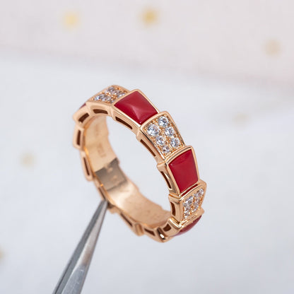 [⭐Reverie Jewels]SERPENTI RING PINK GOLD CARNELIAN DIAMOND PAVED 4MM