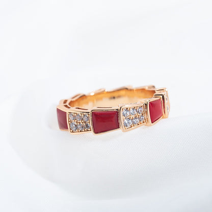 [⭐Reverie Jewels]SERPENTI RING PINK GOLD CARNELIAN DIAMOND PAVED 4MM