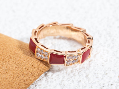 [⭐Reverie Jewels]SERPENTI RING PINK GOLD CARNELIAN DIAMOND PAVED 4MM