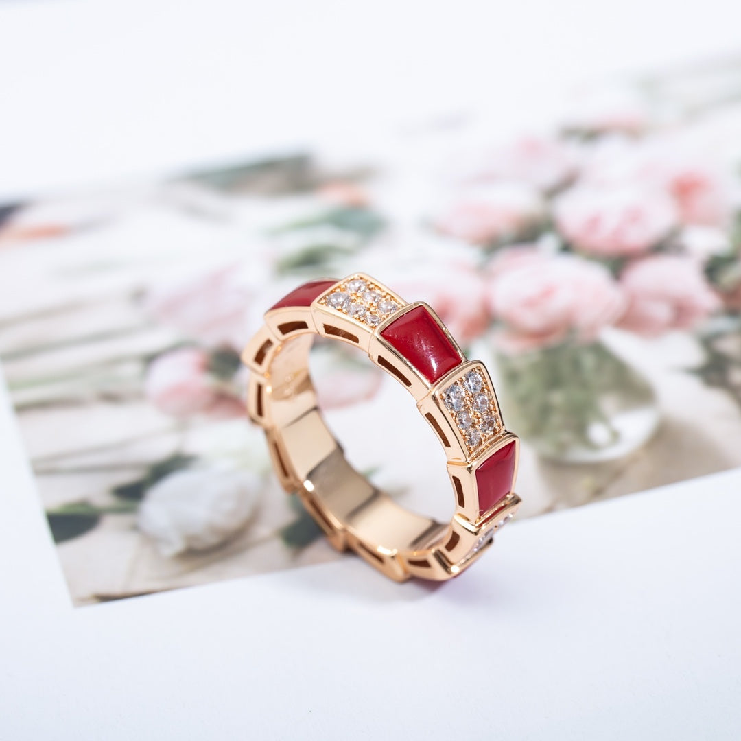 [⭐Reverie Jewels]SERPENTI RING PINK GOLD CARNELIAN DIAMOND PAVED 4MM