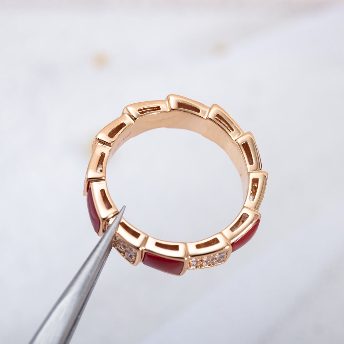[⭐Reverie Jewels]SERPENTI RING PINK GOLD CARNELIAN DIAMOND PAVED 4MM