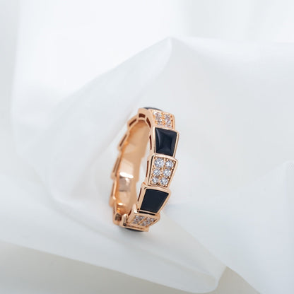 [⭐Reverie Jewels]SERPENTI RING PINK GOLD BLACK MOP DIAMOND PAVED 4MM