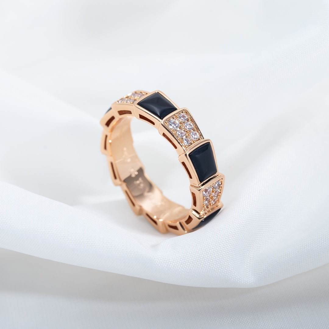 [⭐Reverie Jewels]SERPENTI RING PINK GOLD BLACK MOP DIAMOND PAVED 4MM