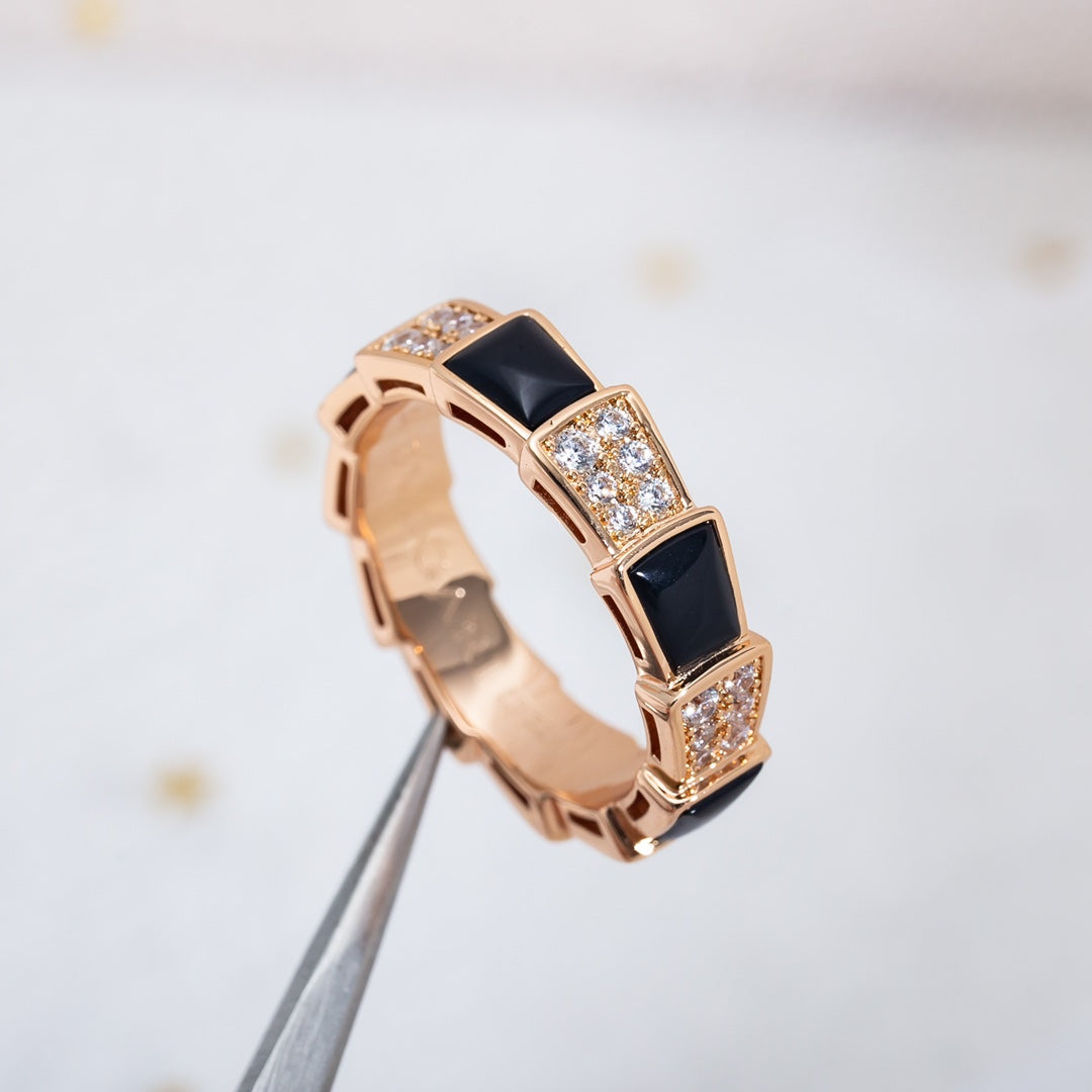 [⭐Reverie Jewels]SERPENTI RING PINK GOLD BLACK MOP DIAMOND PAVED 4MM