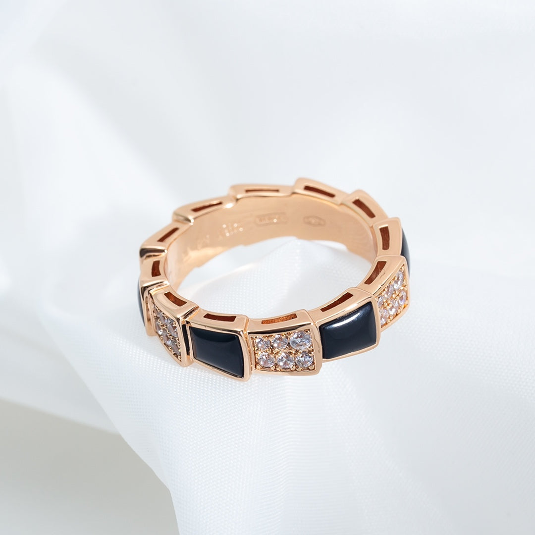 [⭐Reverie Jewels]SERPENTI RING PINK GOLD BLACK MOP DIAMOND PAVED 4MM