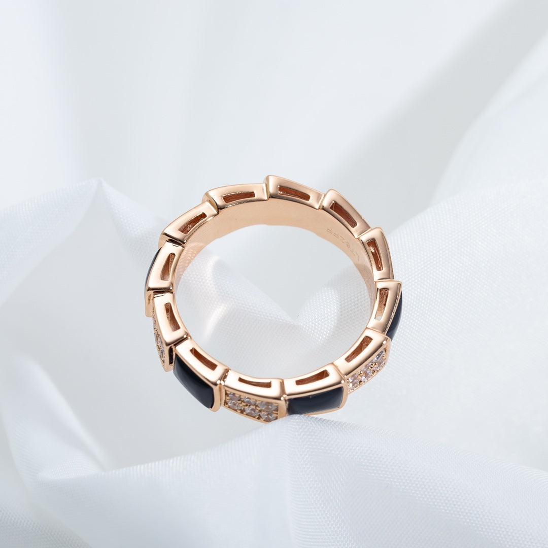 [⭐Reverie Jewels]SERPENTI RING PINK GOLD BLACK MOP DIAMOND PAVED 4MM