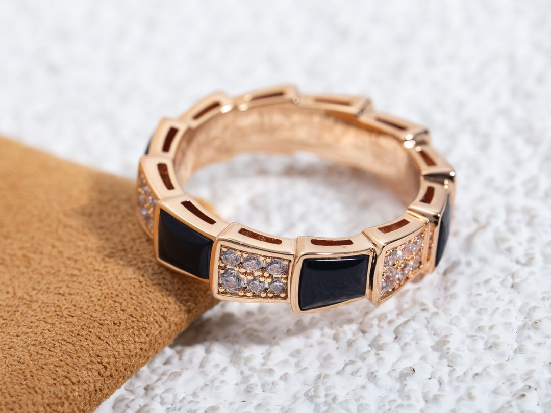 [⭐Reverie Jewels]SERPENTI RING PINK GOLD BLACK MOP DIAMOND PAVED 4MM