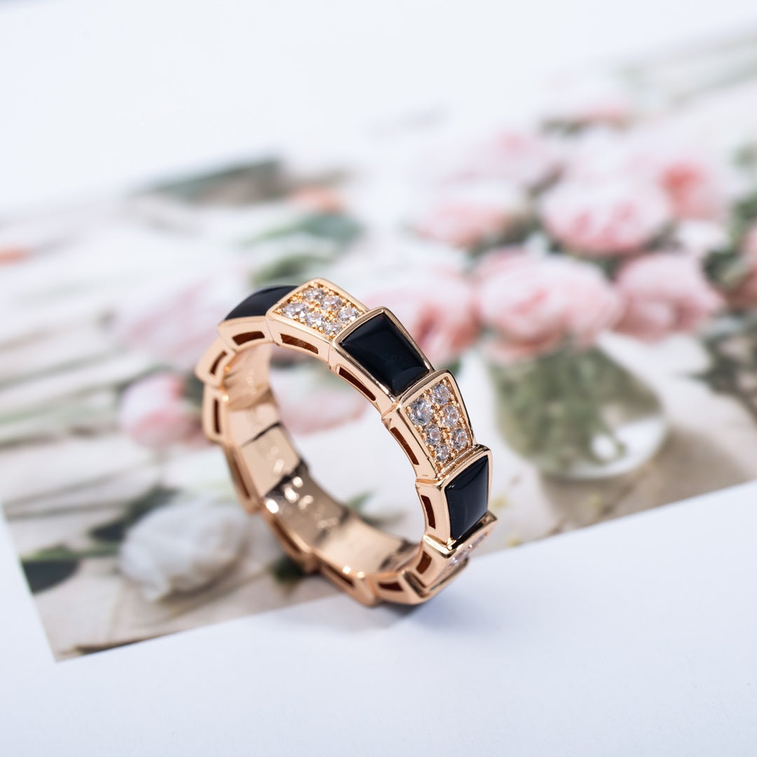 [⭐Reverie Jewels]SERPENTI RING PINK GOLD BLACK MOP DIAMOND PAVED 4MM
