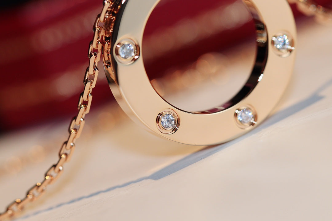 [⭐Reverie Jewels]LOVE NECKLACE 16MM 6 DIAMONDS PINK GOLD