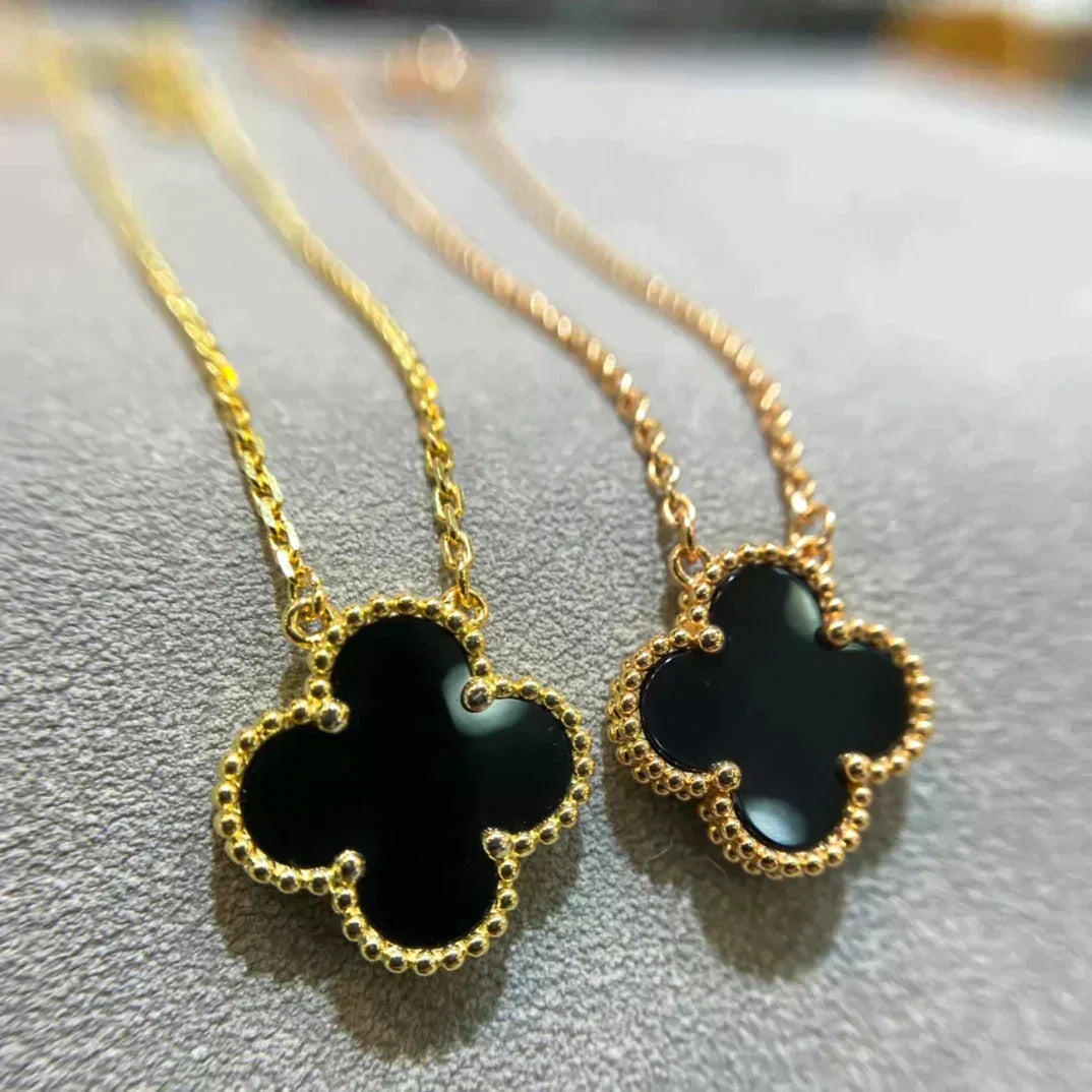 [⭐Reverie Jewels]CLOVER 15MM BLACK ONYX SINGLE FLOWER NECKLACE