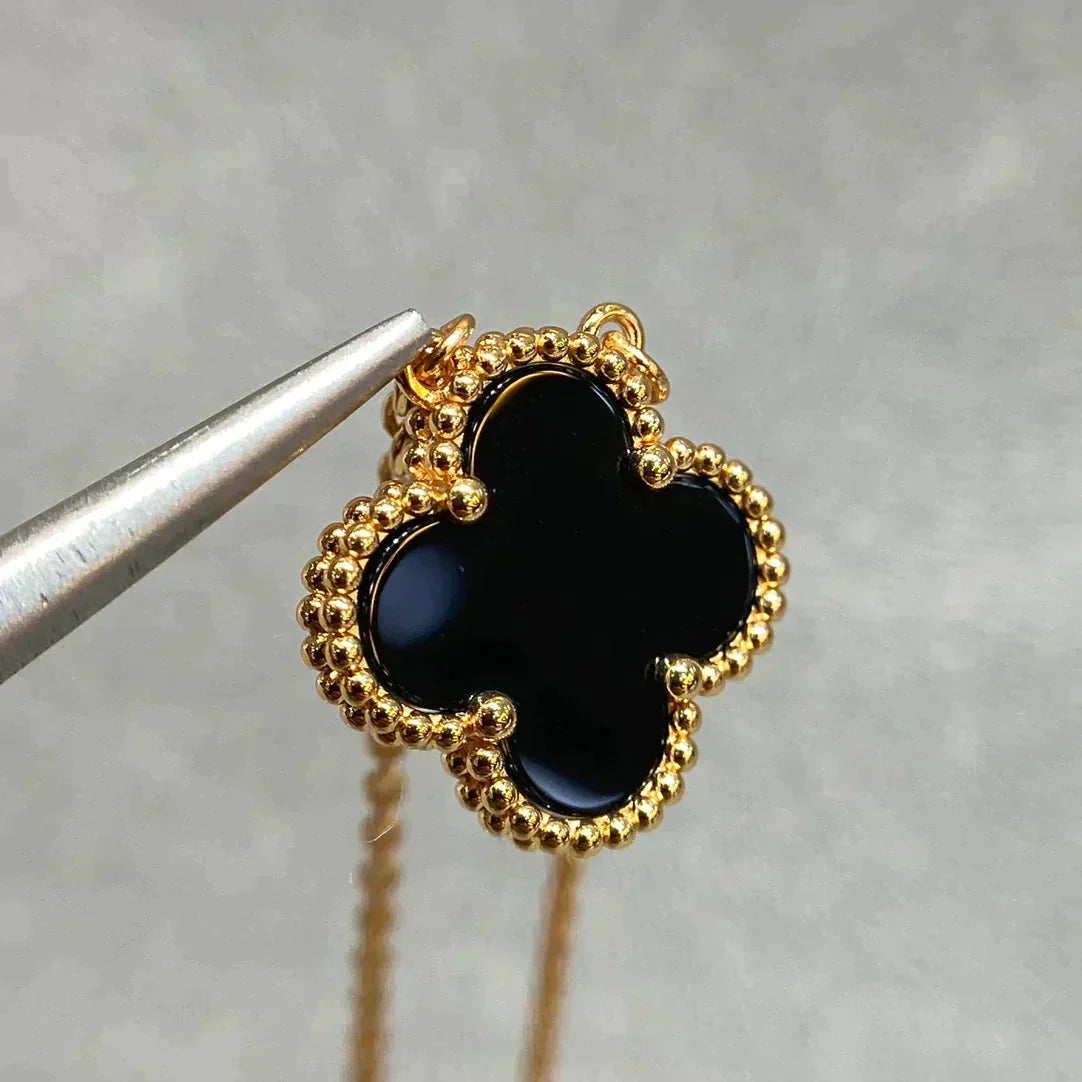 [⭐Reverie Jewels]CLOVER 15MM BLACK ONYX SINGLE FLOWER NECKLACE
