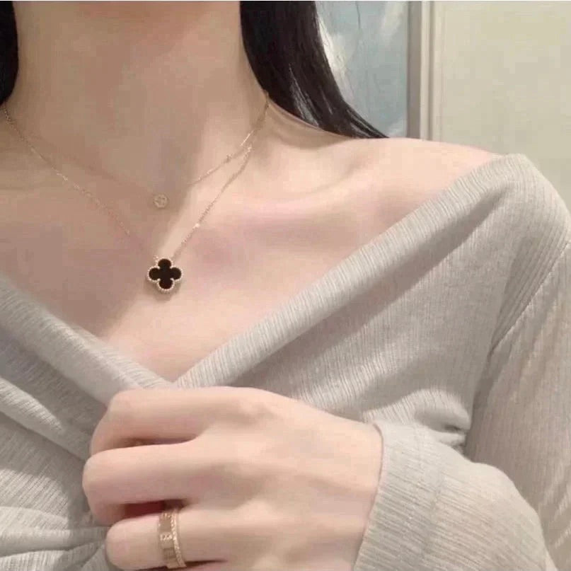 [⭐Reverie Jewels]CLOVER 15MM BLACK ONYX SINGLE FLOWER NECKLACE