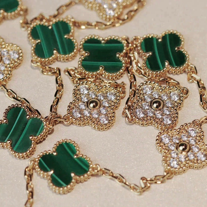 [⭐Reverie Jewels]CLOVER 20 MOTIFS MALACHITE DIAMOND NECKLACE