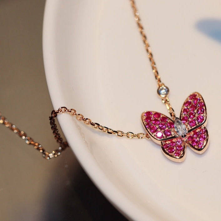 [⭐Reverie Jewels]BUTTERFLY RED DIAMOND ROSE GOLD NECKLACE
