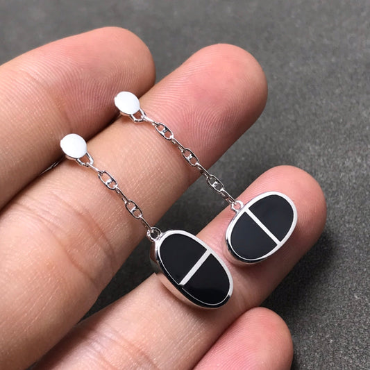 [⭐Reverie Jewels]CHAINE VERSO BLACK CERAMIC SILVER EARRINGS