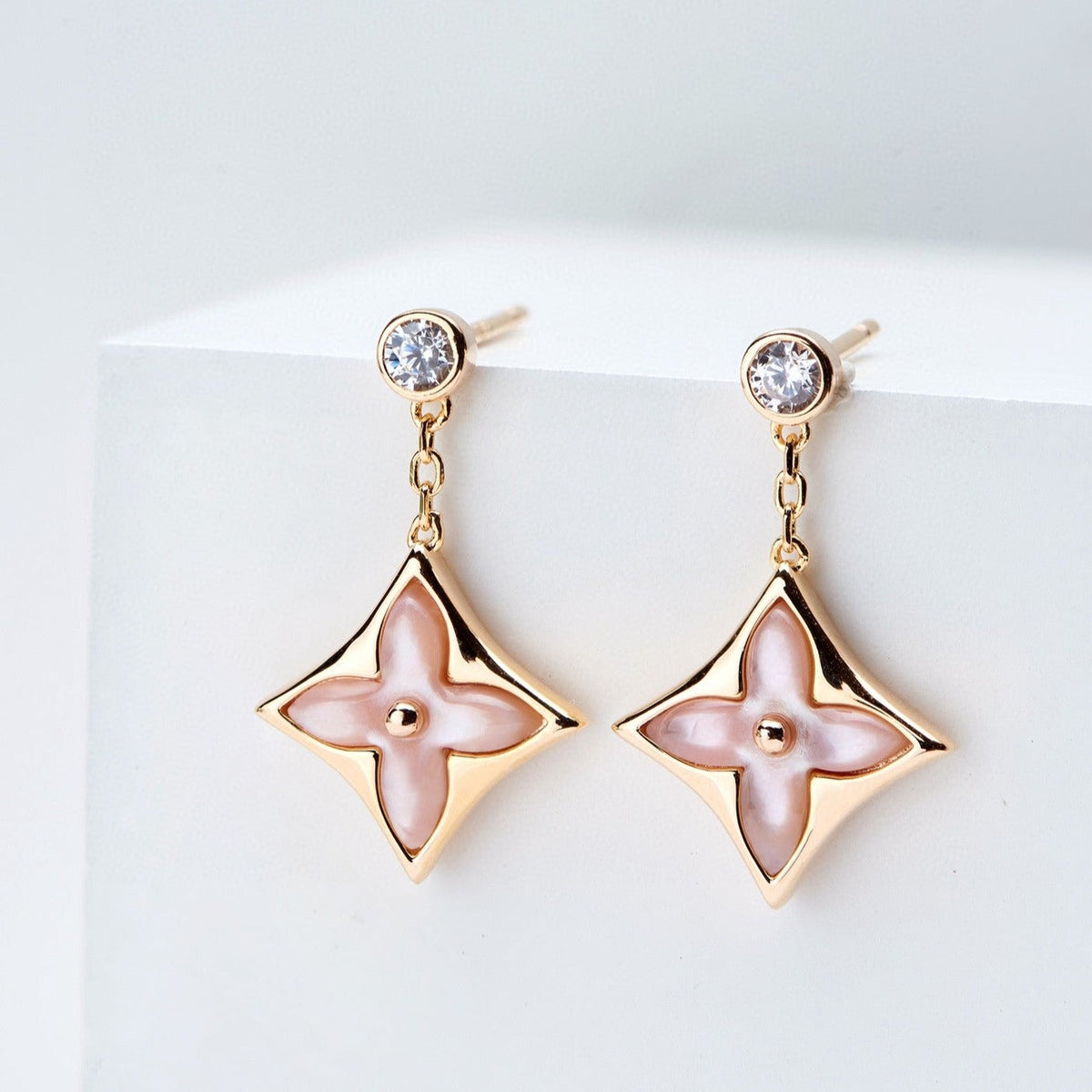 [⭐Reverie Jewels]DOUBLE STAR PINK GOLD MOP DROP EARRINGS