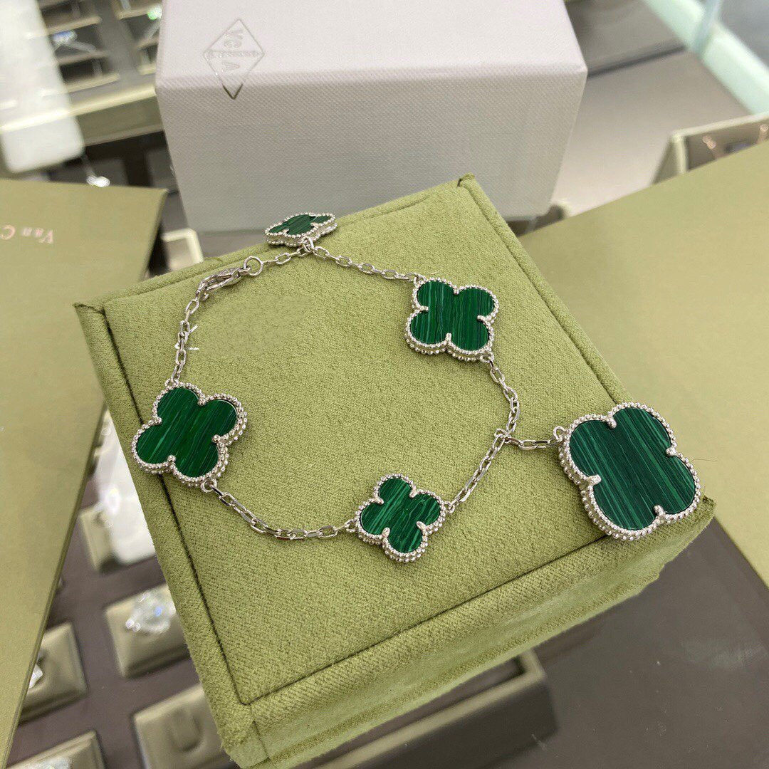 [⭐Reverie Jewels]CLOVER 5 MOTIFS SIVLER MALACHITE BRACELET