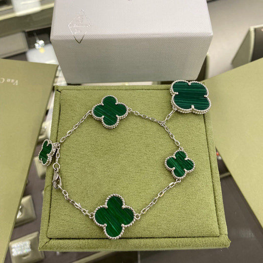 [⭐Reverie Jewels]CLOVER 5 MOTIFS SIVLER MALACHITE BRACELET
