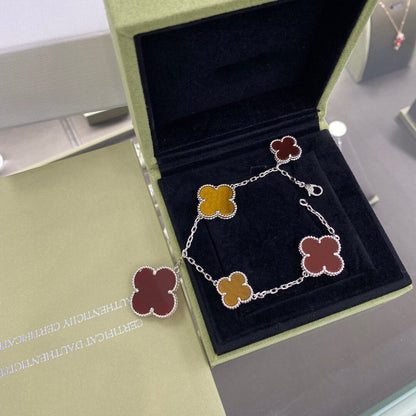 [⭐Reverie Jewels]CLOVER 5 MOTIFS SIVLER CARNELIAN TIGER EYE BRACELET