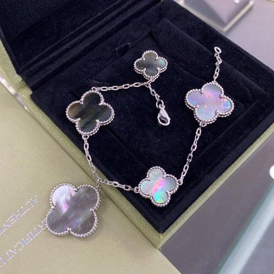 [⭐Reverie Jewels]CLOVER 5 MOTIFS SIVLER DARK MOP BRACELET