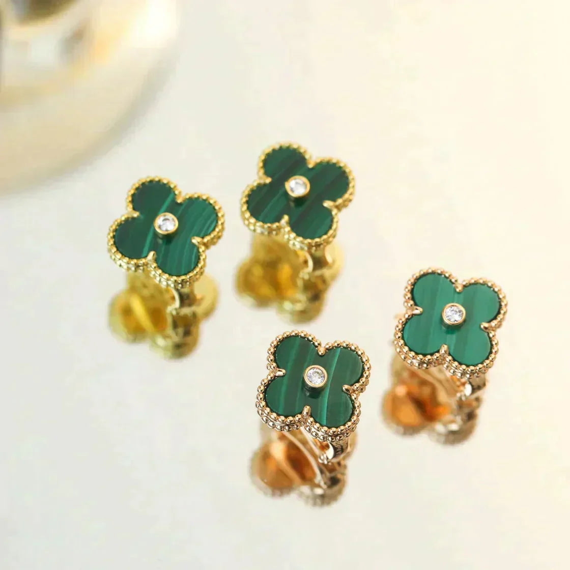 [⭐Reverie Jewels]CLOVER MEDIUM 1 MOTIFS MALACHITE DIAMOND EARRINGS