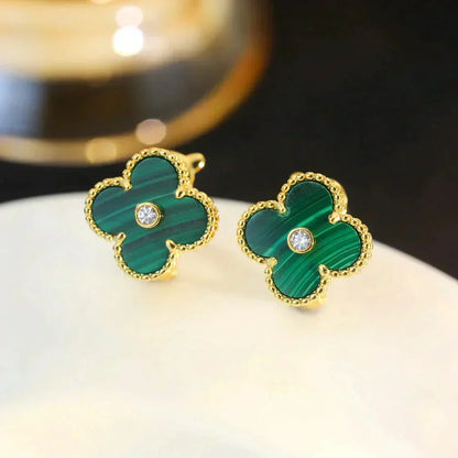 [⭐Reverie Jewels]CLOVER MEDIUM 1 MOTIFS MALACHITE DIAMOND EARRINGS
