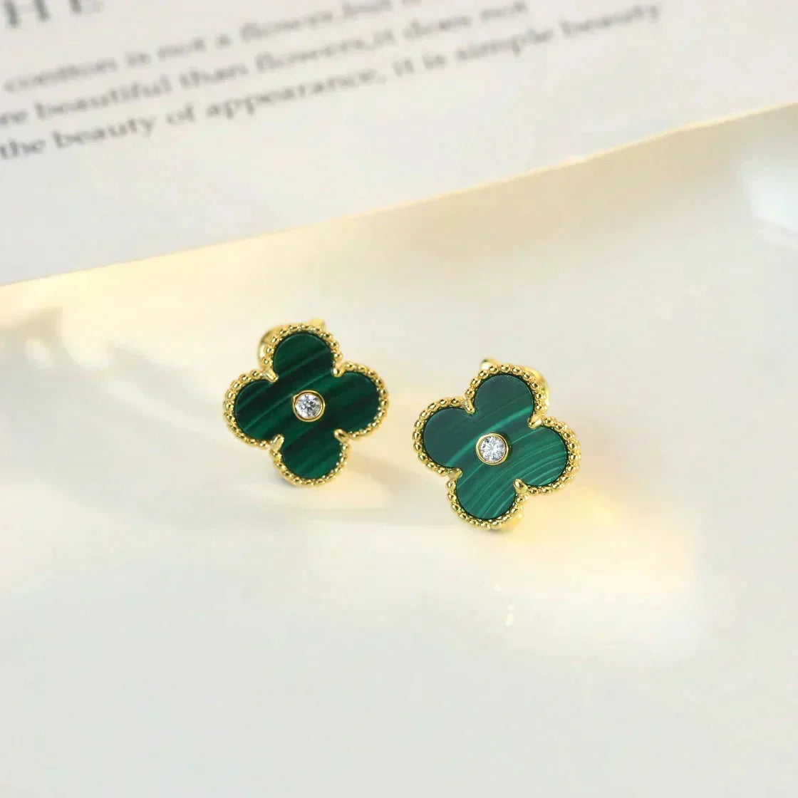 [⭐Reverie Jewels]CLOVER MEDIUM 1 MOTIFS MALACHITE DIAMOND EARRINGS