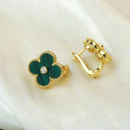 [⭐Reverie Jewels]CLOVER MEDIUM 1 MOTIFS MALACHITE DIAMOND EARRINGS