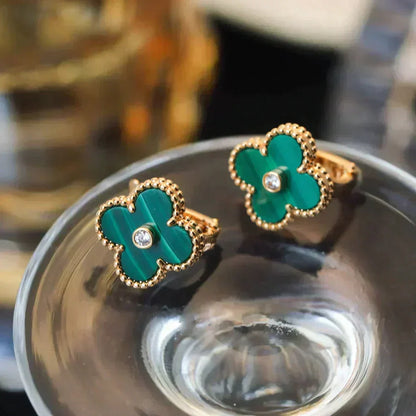 [⭐Reverie Jewels]CLOVER MEDIUM 1 MOTIFS MALACHITE DIAMOND EARRINGS