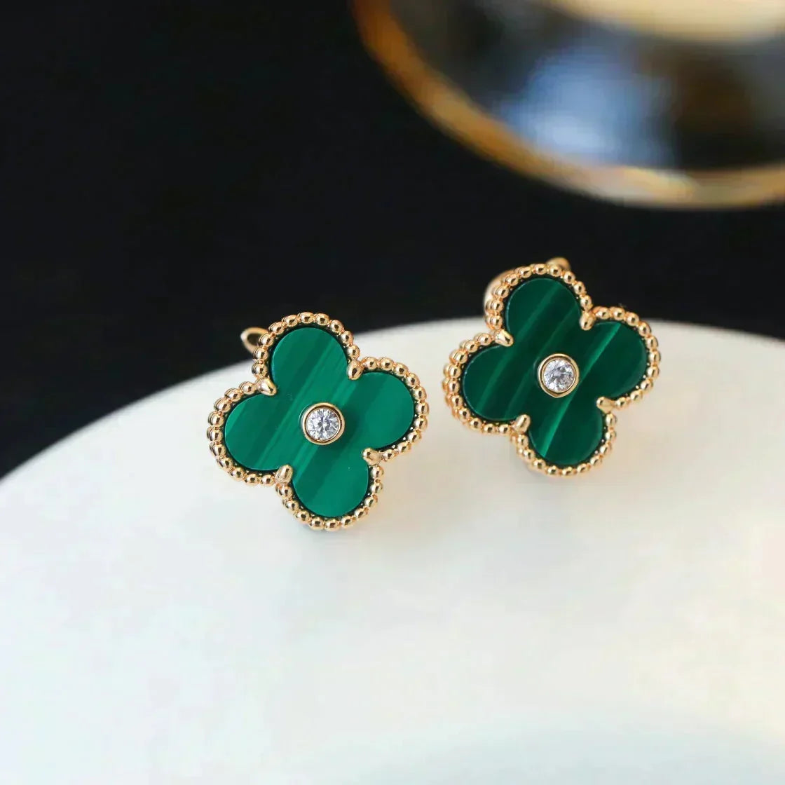 [⭐Reverie Jewels]CLOVER MEDIUM 1 MOTIFS MALACHITE DIAMOND EARRINGS
