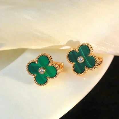 [⭐Reverie Jewels]CLOVER MEDIUM 1 MOTIFS MALACHITE DIAMOND EARRINGS