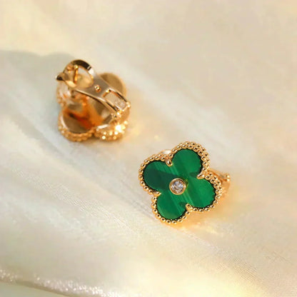 [⭐Reverie Jewels]CLOVER MEDIUM 1 MOTIFS MALACHITE DIAMOND EARRINGS