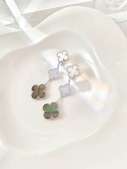 [⭐Reverie Jewels]CLOVER 3 MOTIFS CHALCEDONY DARK MOP SILVER EARRINGS