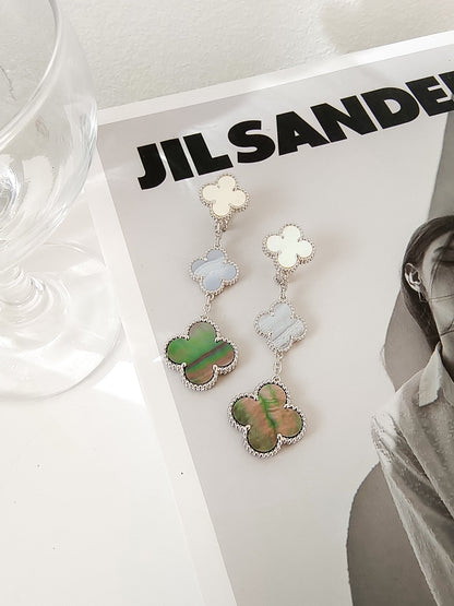 [⭐Reverie Jewels]CLOVER 3 MOTIFS CHALCEDONY DARK MOP SILVER EARRINGS