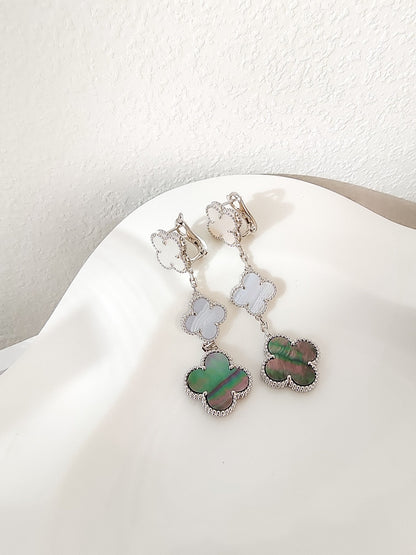 [⭐Reverie Jewels]CLOVER 3 MOTIFS CHALCEDONY DARK MOP SILVER EARRINGS