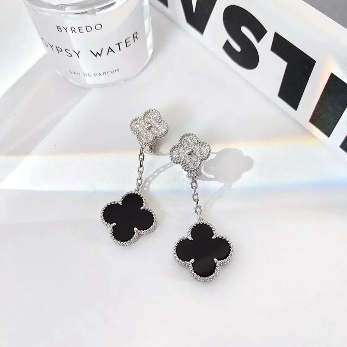 [⭐Reverie Jewels]CLOVER 2 MOTIFS  DIAMOND ONYX EARRINGS SILVER