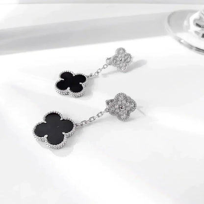 [⭐Reverie Jewels]CLOVER 2 MOTIFS  DIAMOND ONYX EARRINGS SILVER