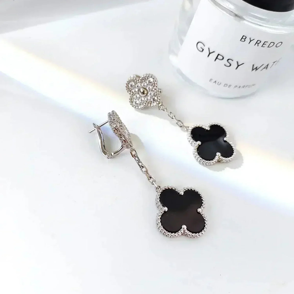 [⭐Reverie Jewels]CLOVER 2 MOTIFS  DIAMOND ONYX EARRINGS SILVER