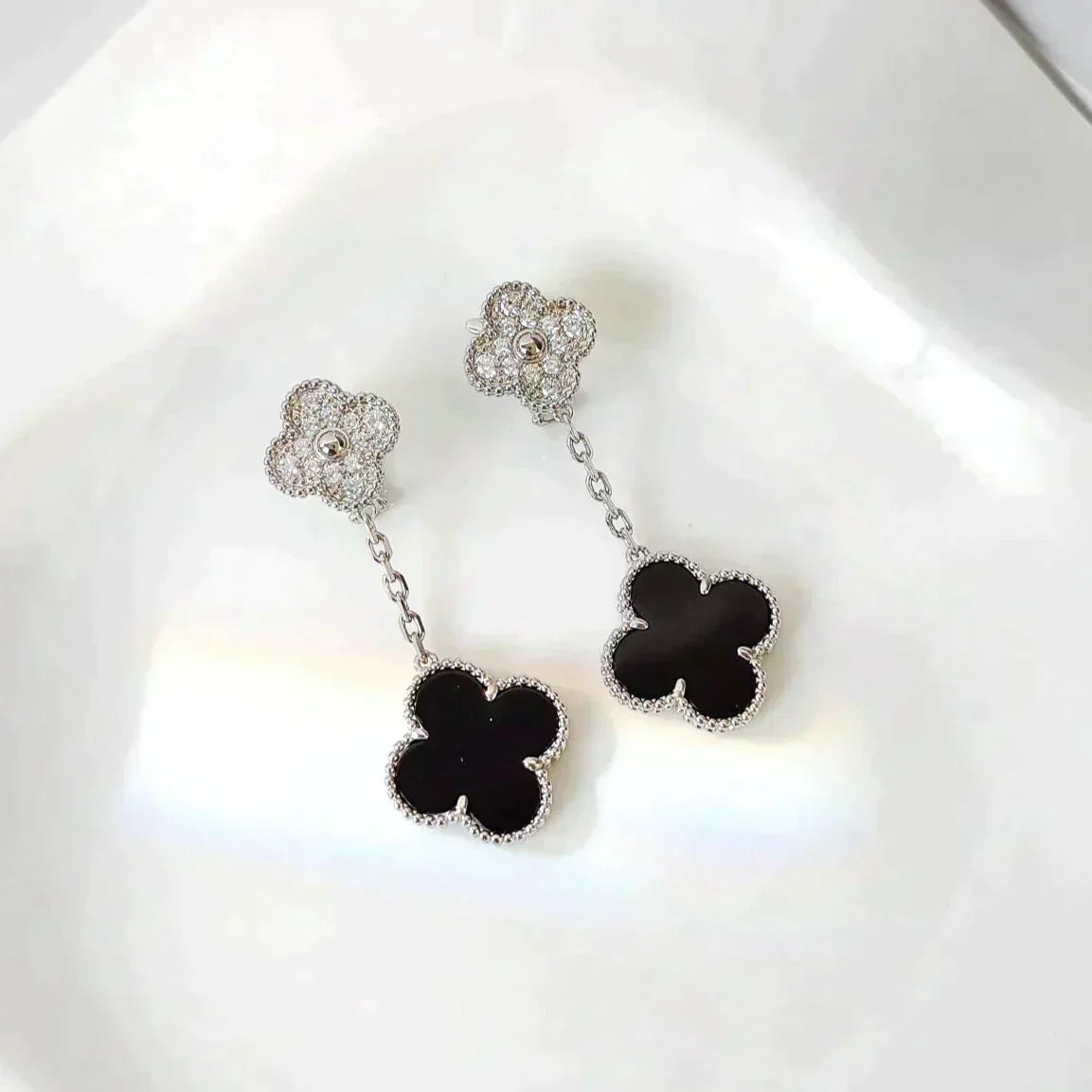 [⭐Reverie Jewels]CLOVER 2 MOTIFS  DIAMOND ONYX EARRINGS SILVER
