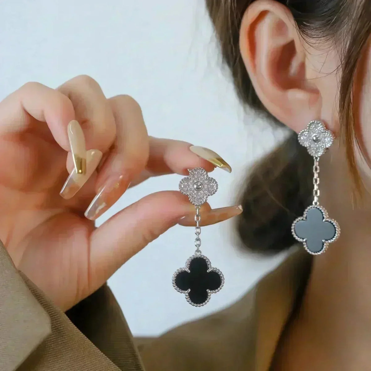 [⭐Reverie Jewels]CLOVER 2 MOTIFS  DIAMOND ONYX EARRINGS SILVER