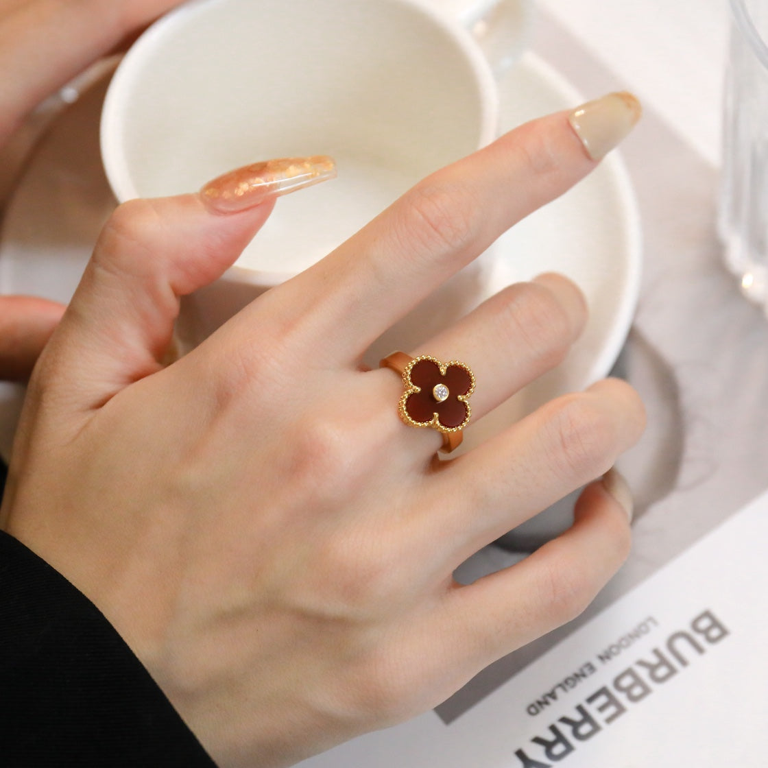 [⭐Reverie Jewels]CLOVER CARNELIAN RING ROSE GOLD DIAMOND